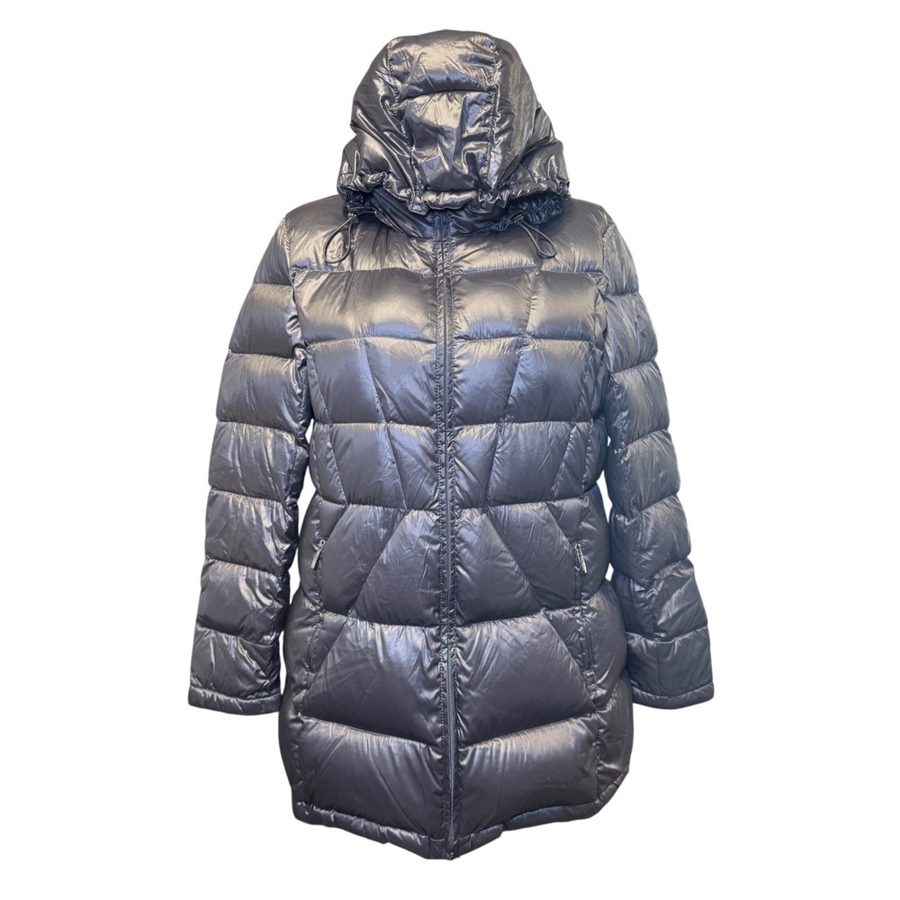 Calvin Klein Womens 1X Puffer Jacket Metallic Grey Packable Down Hooded CL512780